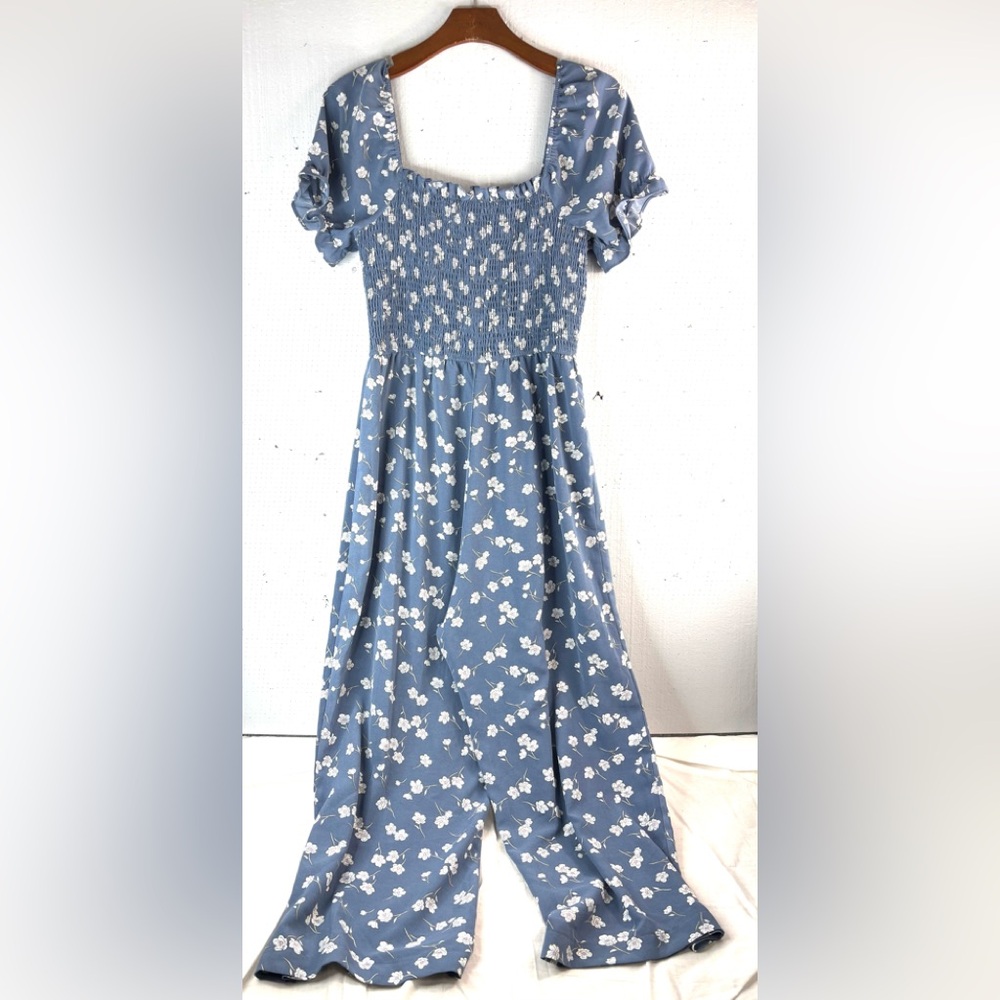 Inspired Hearts L Feminine Boho Smocked Gray Blue Ditsy Floral Jumpsuit - Picture 2 of 8